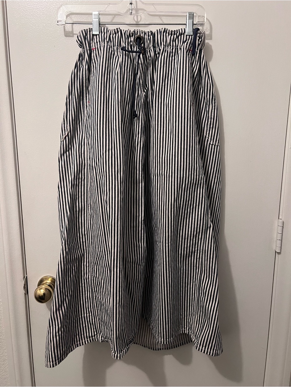 Blue and White Vertical Stripe Drawstring Maxi Skirt